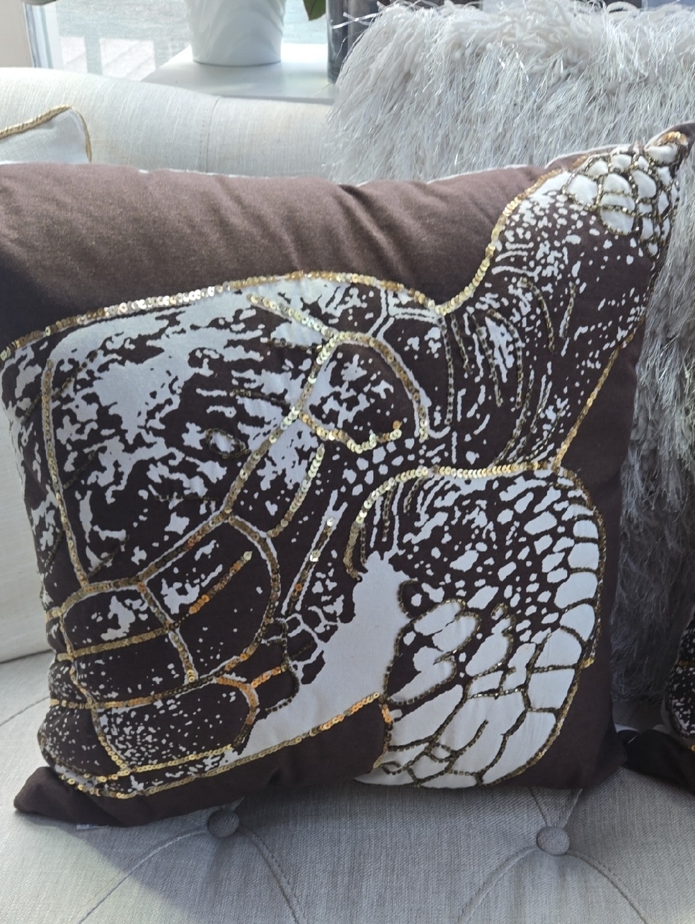 Decorative Brown and White Accent Pillow with Gold Sequin Detail